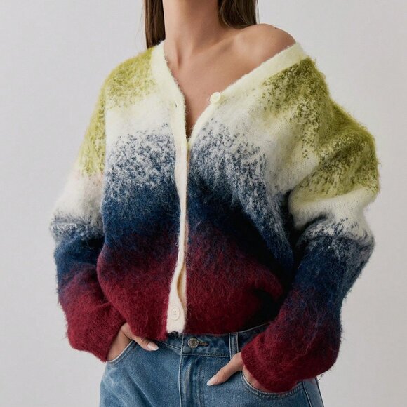 Sweaters - Multicolor Casual Women's Gradient Knit Oversized Cardigan